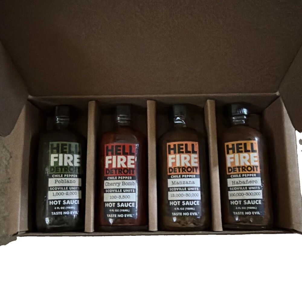 Hell Fire Detroit Hot Box #1 Gift Box Mild, Medium, Hot, Extra Hot, Crafted w...